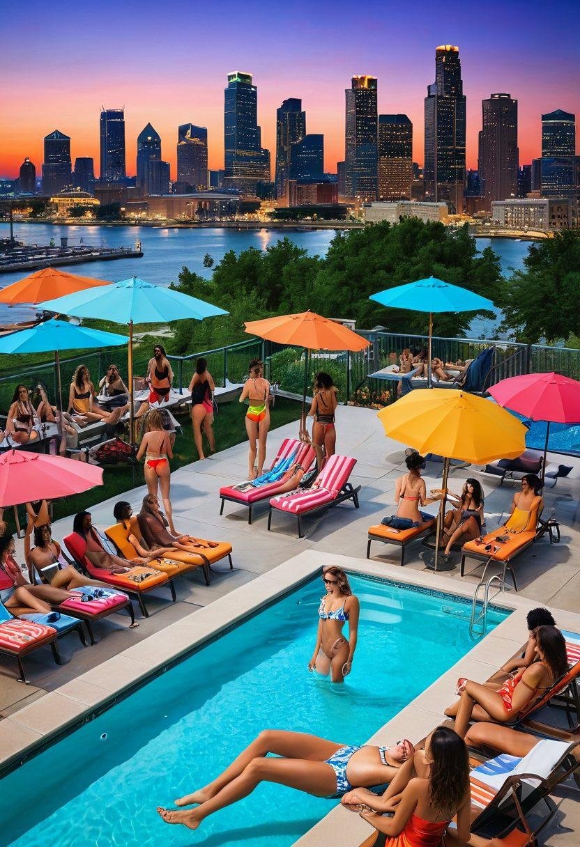 A vibrant collage featuring a stylish poolside scene with trendy swimwear models in Detroit, blending into a lively beach party atmosphere with colorful beach umbrellas and people enjoying music. Incorporate iconic Detroit landmarks subtly in the background, like the Detroit skyline. Highlight various swimwear styles, from sleek bikinis to retro one-pieces, amidst a warm sunset glow. super-realistic. vibrant colors. summer vibes.